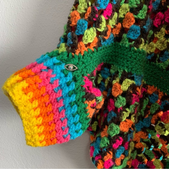 Handmade Crocheted Fluorescent Rainbow Granny Square Style Cocoon Cardigan - Picture 3 of 6